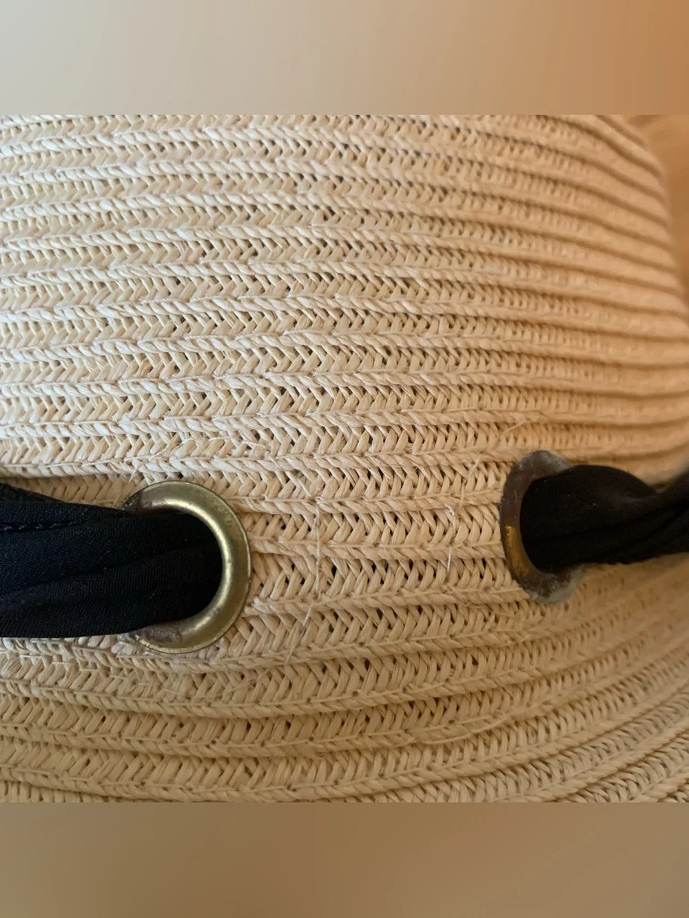 HBY Miami cream paper straw hat with black ribbon bow one size